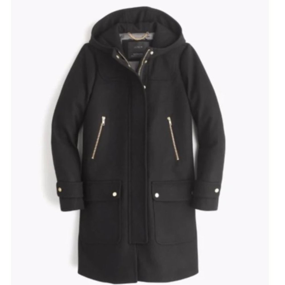J. Crew 0P XS Petite Italian Wool Melton Duffle Coat Black, Hood, Gold zipper